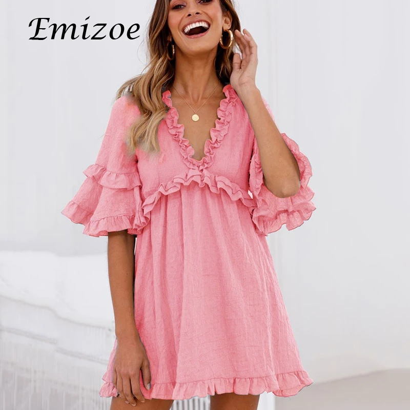 Женское короткое платье с оборками Emizoe вечернее мини без застежки v образным