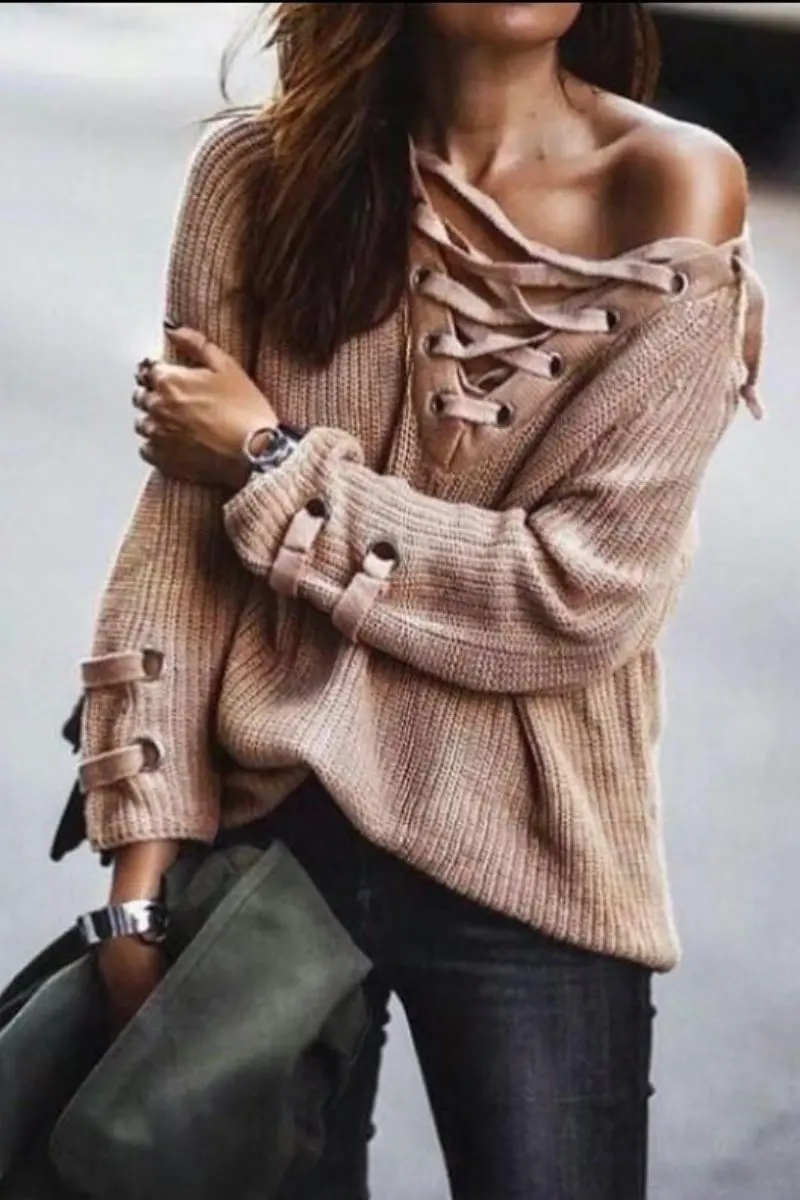 Autumn Winter Long Sleeve Knitted Women Sweater Lace Up V Neck Pullover Jumpers Casual Loose Knitwear New |