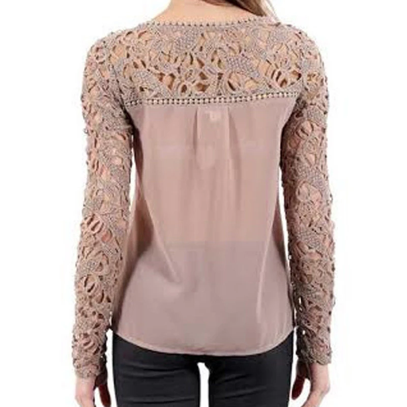 2017 T-shirt For Female Fashion Women O-Neck Sexy Lace Crochet Embroidery Tops Long Sleeve T-Shirts Khaki Casual Chiffon Tees | Женская