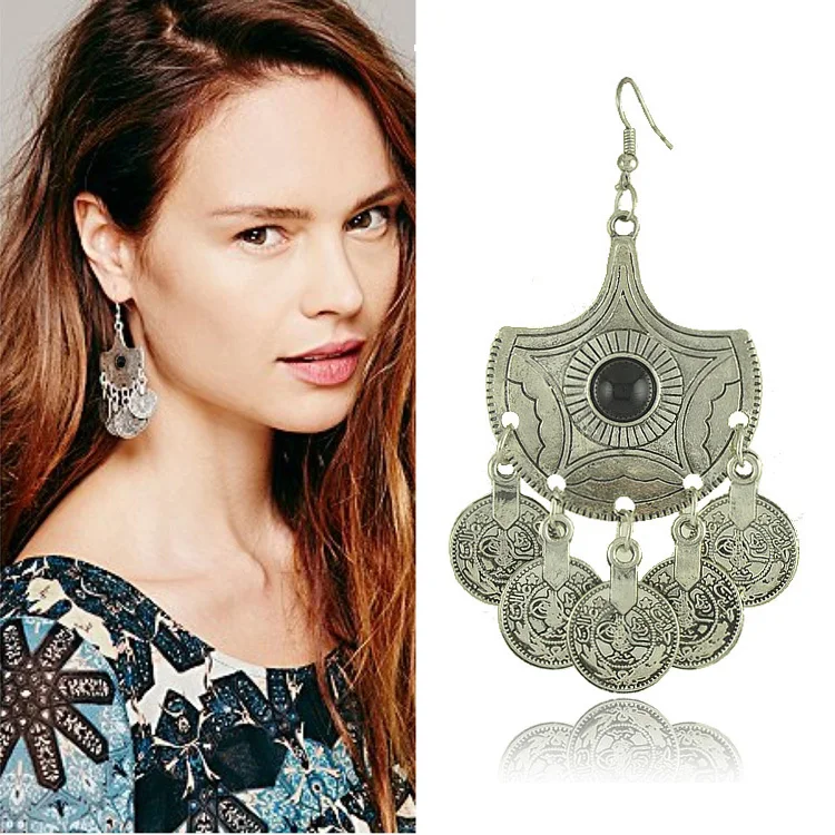 Античное серебро Турецкая монета висячие серьги секторный дизайн бохо цыганский