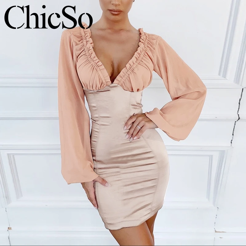 MissyChilli, сексуальное длинное сатиновое короткое платье с рукавом-фонариком, женское элегантное облегающее мини-платье, осеннее платье с оборками для клубной вечеринки, festa2019