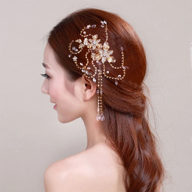 Элегантный Кристалл Золотой горный хрусталь свадебные гребни для волос ручной