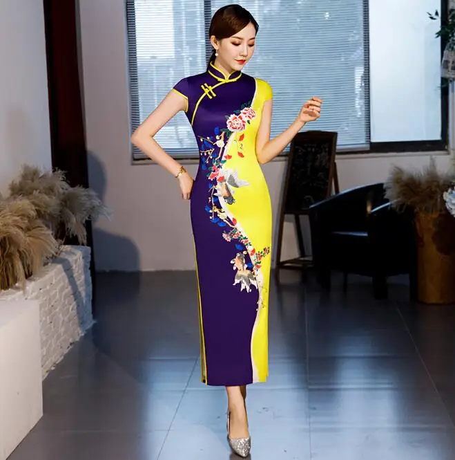 Высокая мода Мандарин Воротник шелк атлас с новогодней елкой, бумажный принт Qipao элегантный цветок сексуальное длинное платье плюс SZ M-4XL - Цвет: 0036