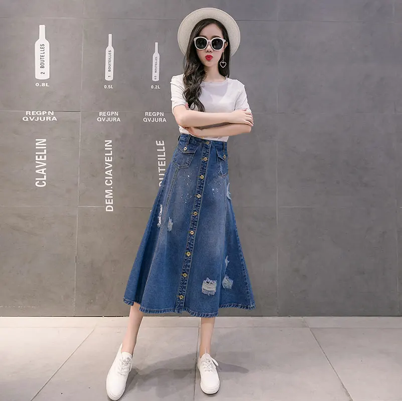 Бесплатная доставка 2019 однобортные Длинные до середины икры трапециевидные юбки