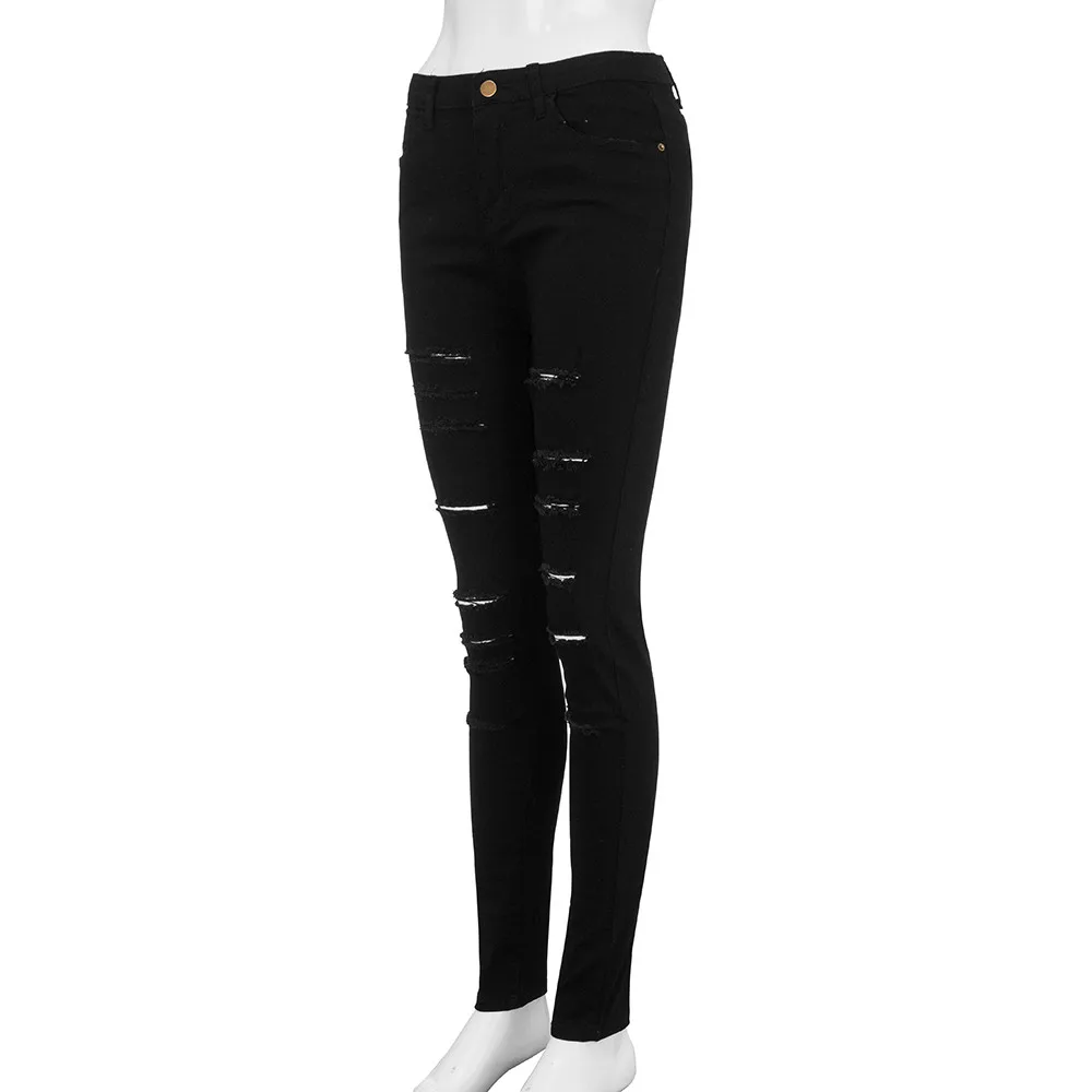 Fashion Women Mid Waisted Skinny Hole Denim Jeans Stretch Slim Pants Calf Length 9.7 | Женская одежда