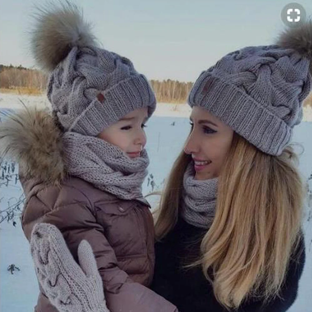 Комплект из 2 предметов для мамы и ребенка меховым помпоном головные уборы шапки