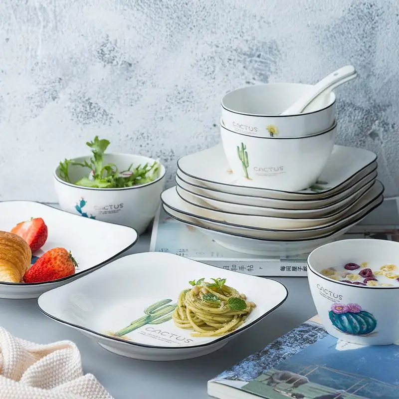 S/L бытовая квадратная керамическая тарелка простой креативный узор кактус