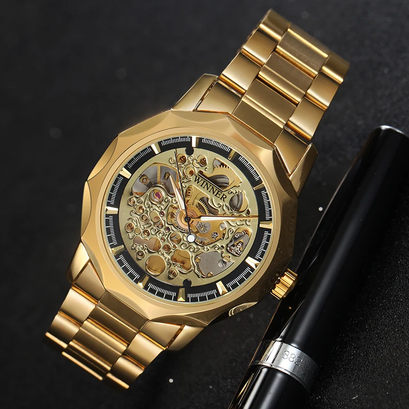 WINNER золотые часы мужские деловые военные наручные с скелетом автоматические
