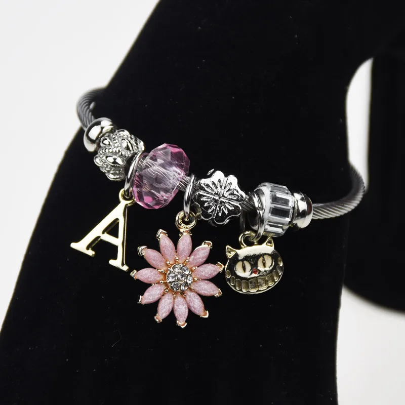 Trendy Pink Crystal Alloy Letter A Bracelets &amp Bangles Charm Flower Cat Pendant Stainless Steel Bracelet Fashion Jewelry Gift | Украшения
