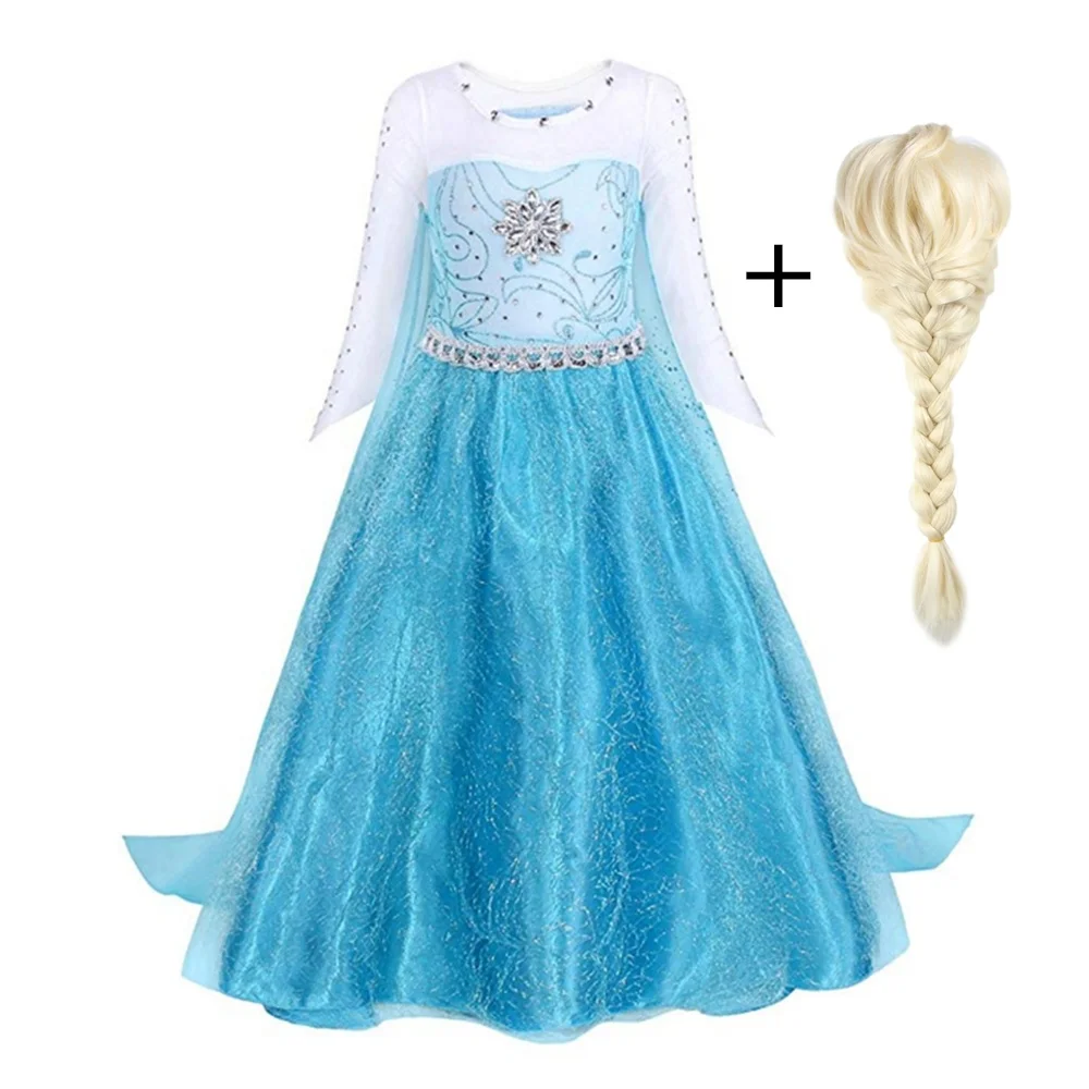 Elsa Dress up Clothing Long Sleeve Snow Queen Girls Costume Children Halloween Cosplay Party Gown With Hair | Детская одежда и