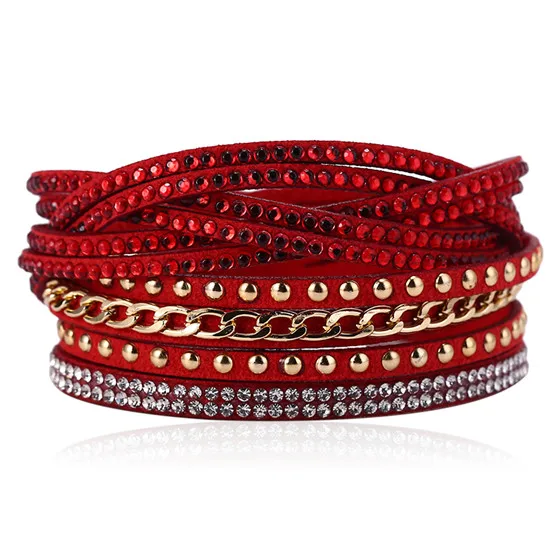 red HOCOLE, модные, драгоценные камни, стразы, магнитные, кожаные браслеты, богемные, ручная работа, многослойные, wrap, ювелирные изделия для женщин, подарок, pulseira - Окраска металла: red