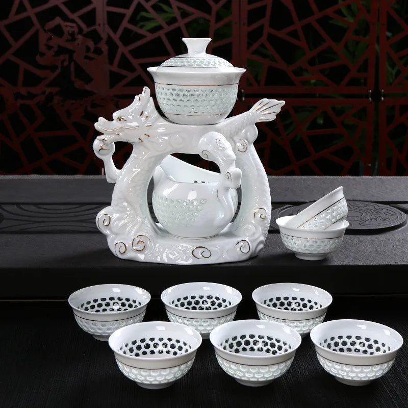

New Dragon Porcelain Tea Set Dehua Kung Fu Cups Automatic White Ceramic Hollow Transparent Blue and White Sets