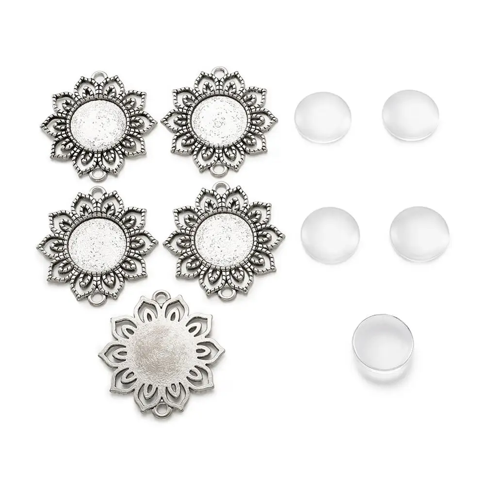 

18mm Tibetan Style Alloy Flower Connectors Cabochon Bezel Settings and Flat Round Transparent Glass Cabochons