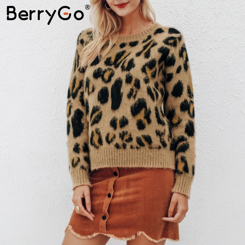 BerryGo Sexy leopard knitted long sleeve women sweater Female autumn winter pullover Casual o neck jumper femme 2018 | Женская одежда