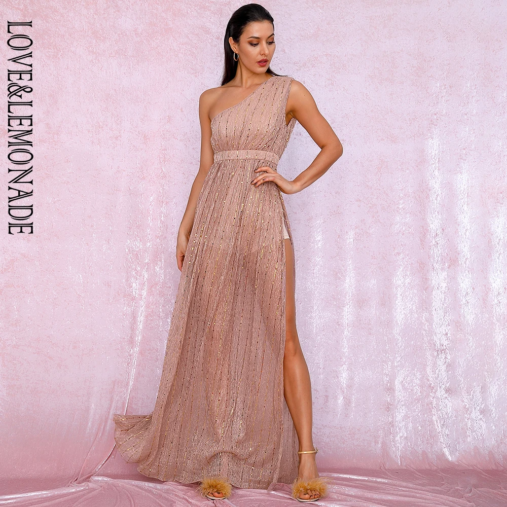 Женское платье на одно плечо LOVE & LEMONADE бежевое комбинированное с разрезом для