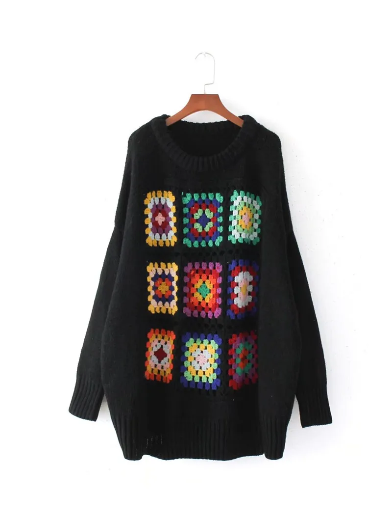 Женский свитер в стиле бохо 2017 Зимний вязаный пуловер клетку с цветочным узором и