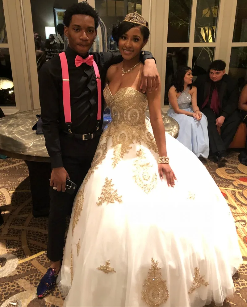 Бальное платье с белой золотистой аппликацией платья для Quinceanera милый корсет