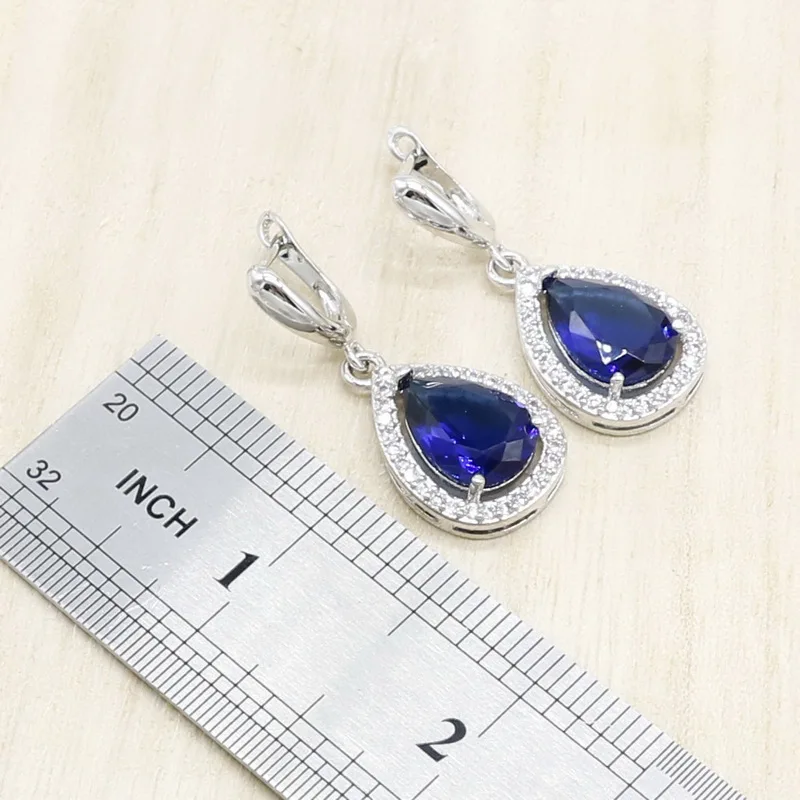 Water Drop 925 Silver Necklace Earrings Set Women Bridal Jewelry Sets Royal Blue Semi-precious Wedding Gift Box