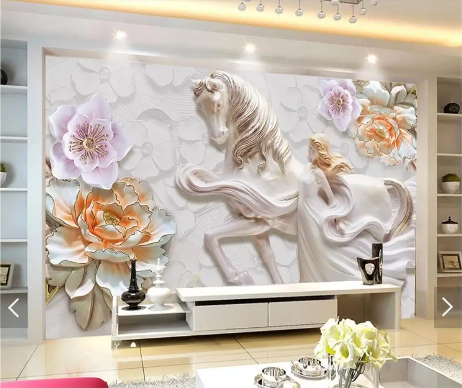 

3D 8D Embossed Horse Girl Flower Wall Mural Photo Wallpaper for Living Room Backdrop Wall Paper Roll Home Decor Floral Murals