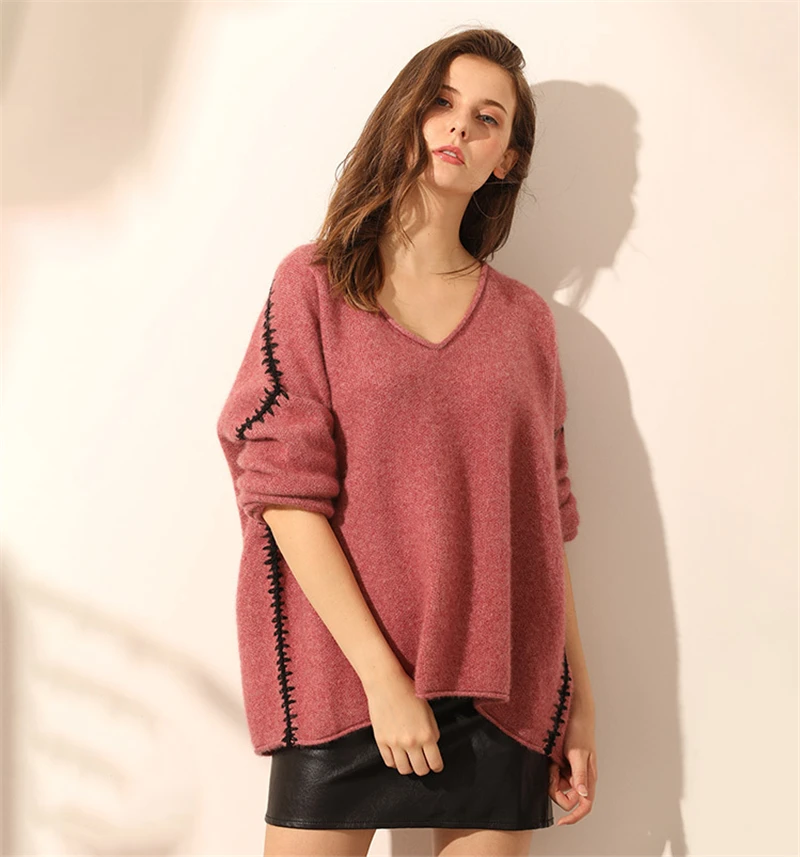 pure goat cashmere knit women fashion handmade sewed spliced Vneck pullover sweater H-straight wide loose solid color S/M/L | Женская