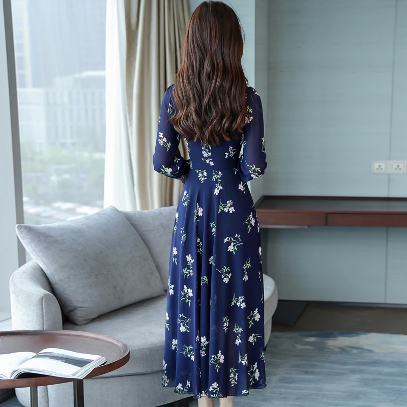 Женское шифоновое длинное платье с v-образным вырезом и цветочным принтом