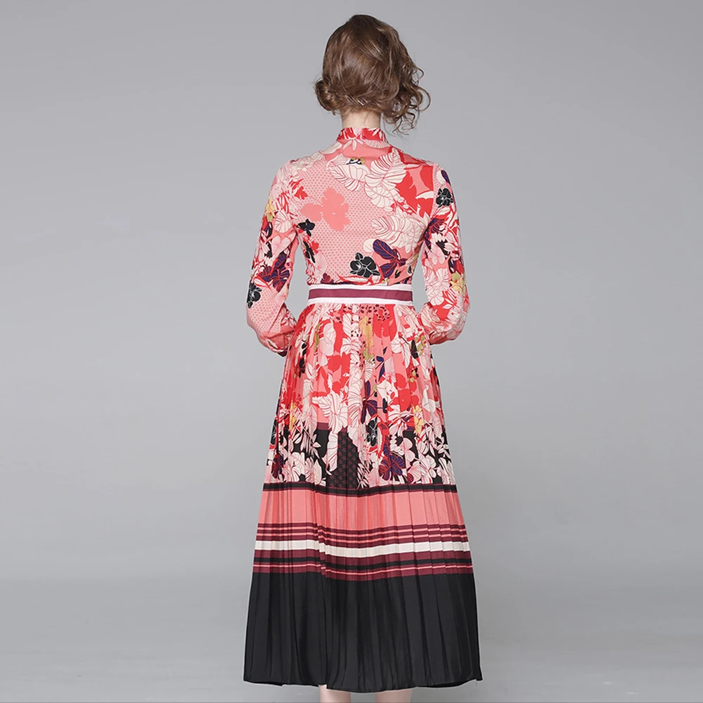 Новинка 2019 женское платье средней длины с принтом и бантом плиссированвечерние