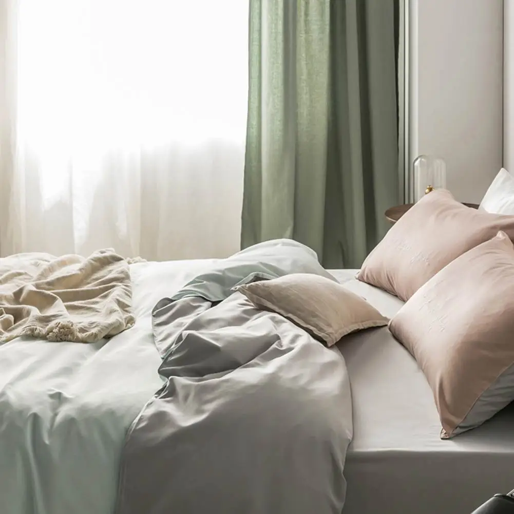 Nordic Light Green Dark INS Embroidery Bedlinens Artificial Silk Satin Duvet Cover Set Queen King Bedsheet Bedding Set