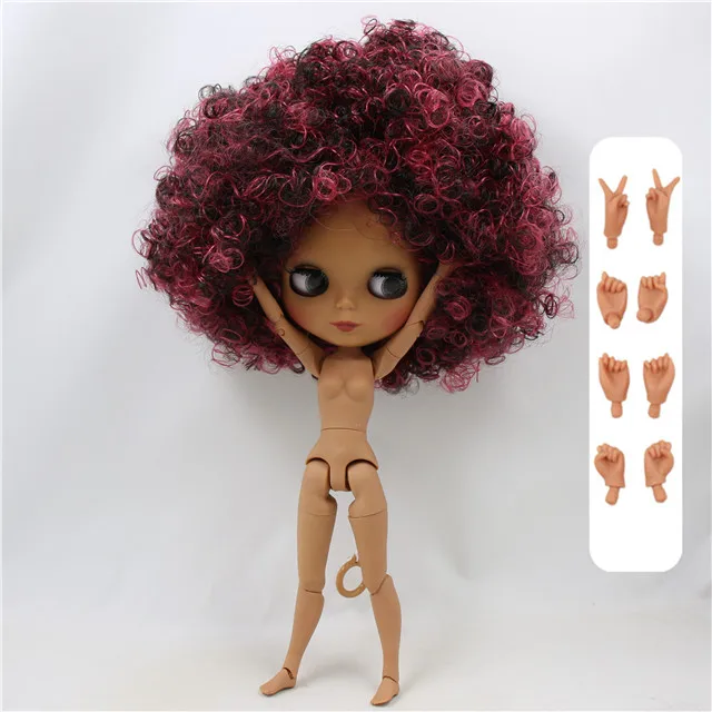 doll with hand B Фабрика blyth кукла 1/6 bjd шарнир тело темная кожа матовое лицо, вино красный микс черные афро волосы, голая кукла 30 см QE155/9103 - Цвет: doll with hand B