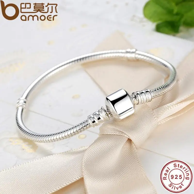 BAMOER Authentic 925 Sterling Silver Snake Chain Bangle& Bracelet Pave Star Cubic Zirconia CZ Jewelry PAB001