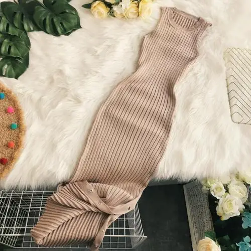 Apricot Осеннее/зимнее трикотажное платье для ягодиц, женское платье с круглым воротником, без рукавов, для похудения, сексуальное, по бокам, по колено, платье - Цвет: Apricot