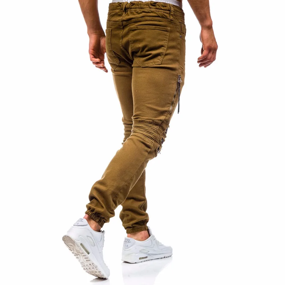 Mens Cotton Elastic Knee Hole Patch Jeans New Slim Solid Color Washed Trousers Male Hip Hop Beam Foot Pants Pencil | Мужская одежда