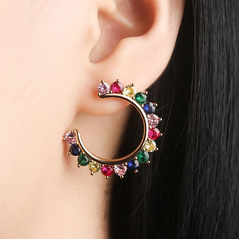 

2021 New Gold Trendy Copper Colorful AAA Cubic Zirconia Round Hollow Trendy Dangle Earrings Women Earrings Free Drop Shipping