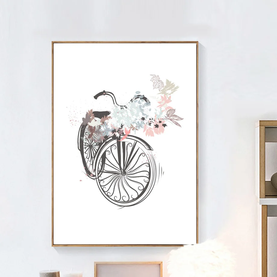 Мультфильм Девочка велосипед цветок чашка с кофе настенная живопись холст