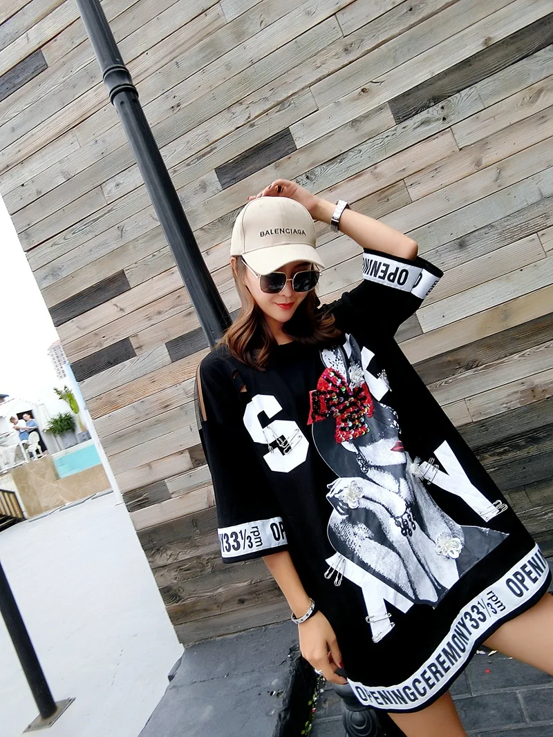 Women Cartoon Character Letter Printing T-Shirt O-Neck 3/4 Sleeve Long Tops Novelty Back Mesh Spliced Hollow Out Summer Pullover | Женская
