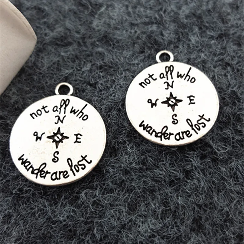 

High Quality 20 Pieces/Lot Diameter 18mm Antique Silver Plated Letter Printed Not all who wander are lost Compass Charms
