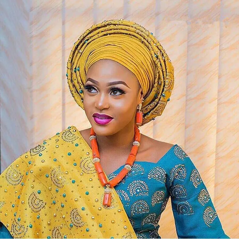 Женский головной убор aso oke желтый в африканском стиле для свадебной вечеринки LP30