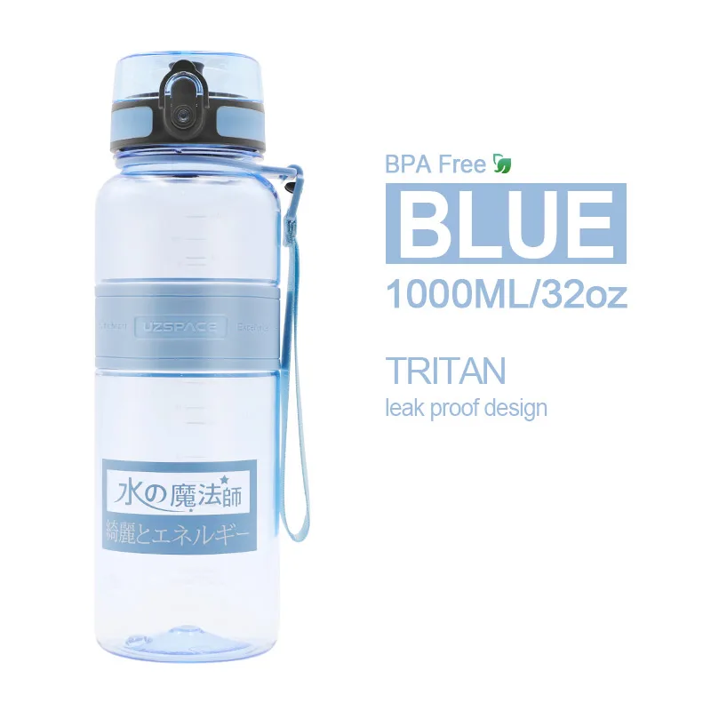 1000ml Blue UZSPACE спортивные портативные бутылки для воды герметичный шейкер бутылка фруктовый сок чай заварка Тритан пластиковая посуда для напитков 500 мл/1л BPA бесплатно - Цвет: 1000ml Blue