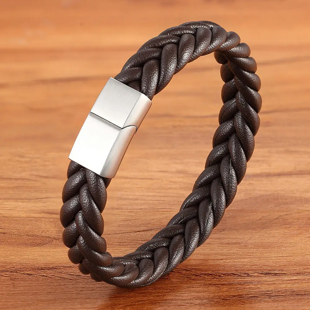 Brown with Steel XQNI, ручная вязка, простой стиль, классический мужской браслет, много цветов, нержавеющая сталь, магнитная застежка, Очаровательные кожаные браслеты, подарок - Окраска металла: Brown with Steel