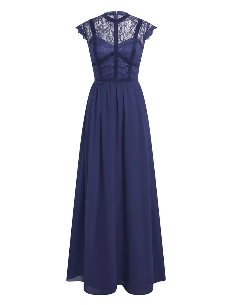 Navy Blue Новое Женское кружевное свадебное платье с цветочным узором в стиле ретро, шифоновое элегантное платье подружки невесты, официальное просвечивающее Платье Макси - Цвет: Navy Blue