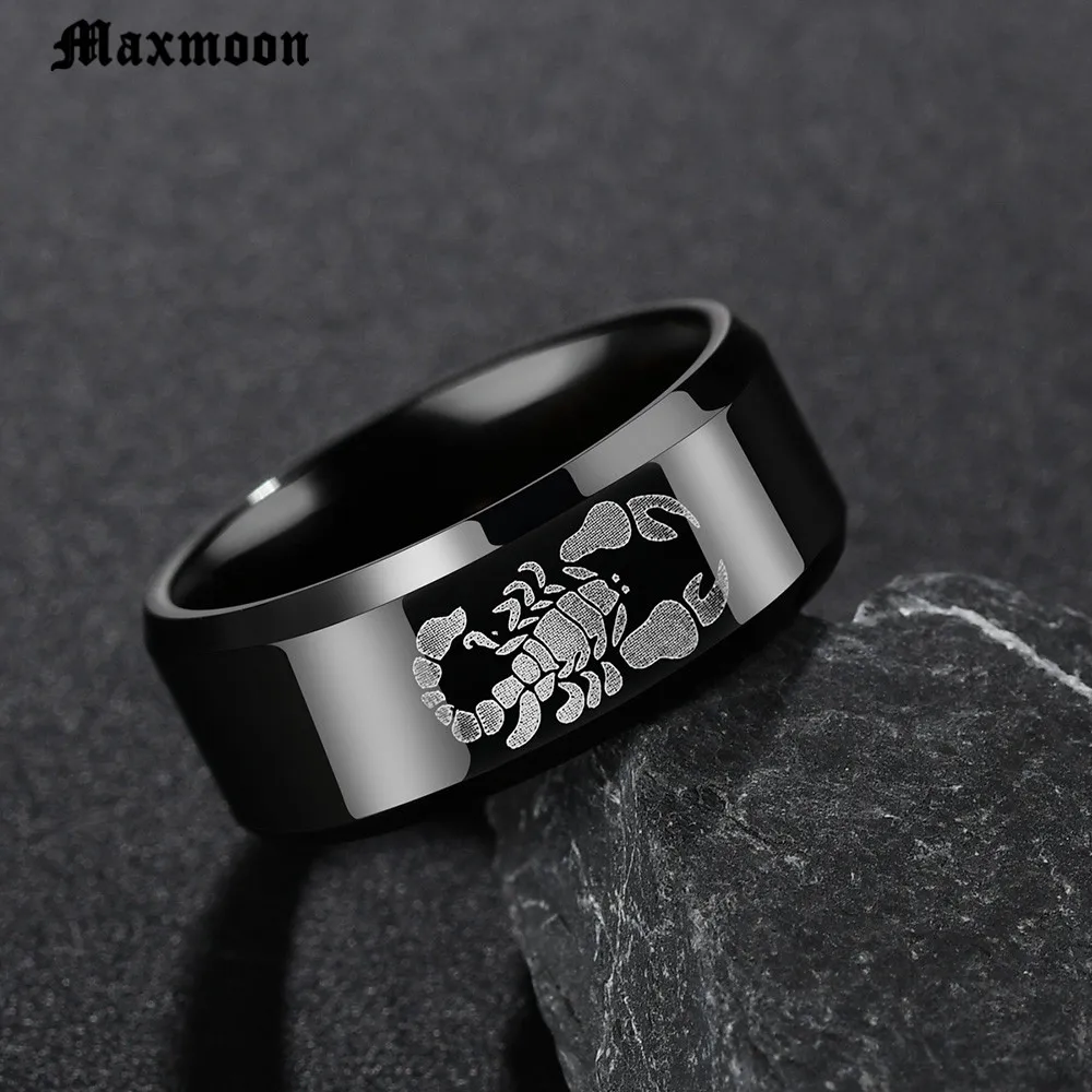 Maxmoon Punk Vintage Black Scorpion Pattern Mens Ring Color Round Stainless Steel Titanium Rings for Men Jewelry | Украшения и