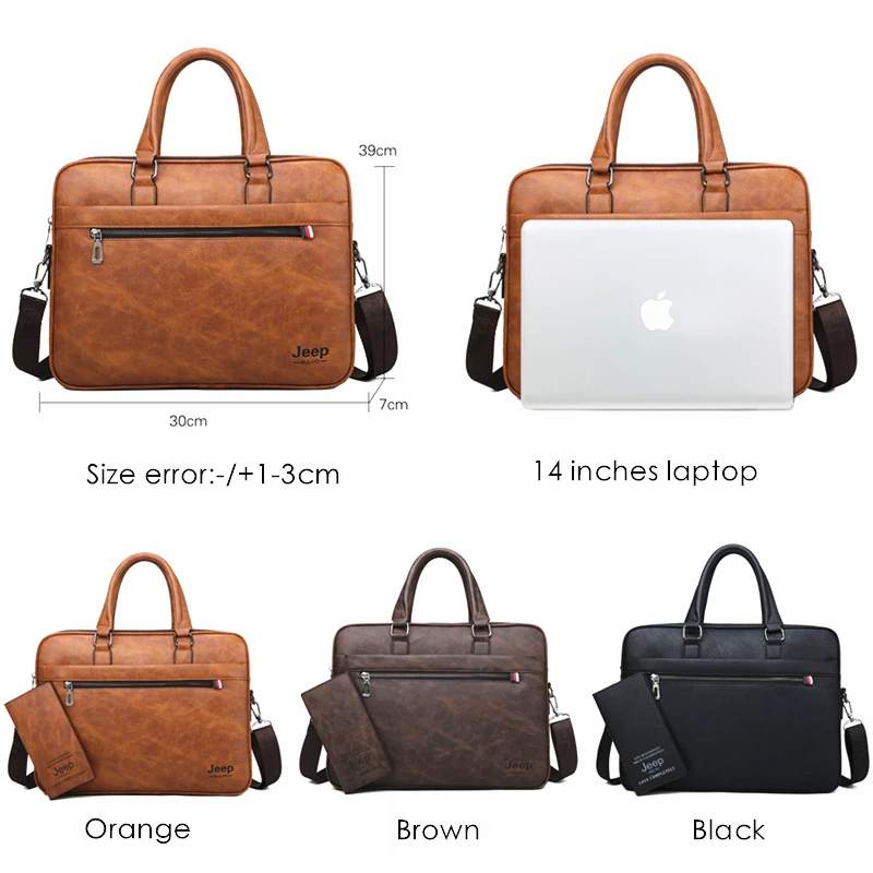 JEEP BULUO Famous Brand Men Briefcases High Quality 14'Laptop office Business Bag Leather Shoulder Messenger Bags Travel Handbag