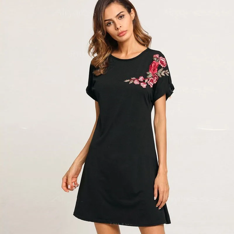Для женщин летнее платье О-образным вырезом с цветочным рисунком вышитые розы Patch