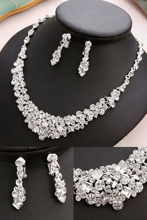 Fig Свадебные наборы для женщин Bling невесты аксессуары для волос тиары серьги цепочки и ожерелья наборы свадебных ювелирных изделий - Окраска металла: Fig