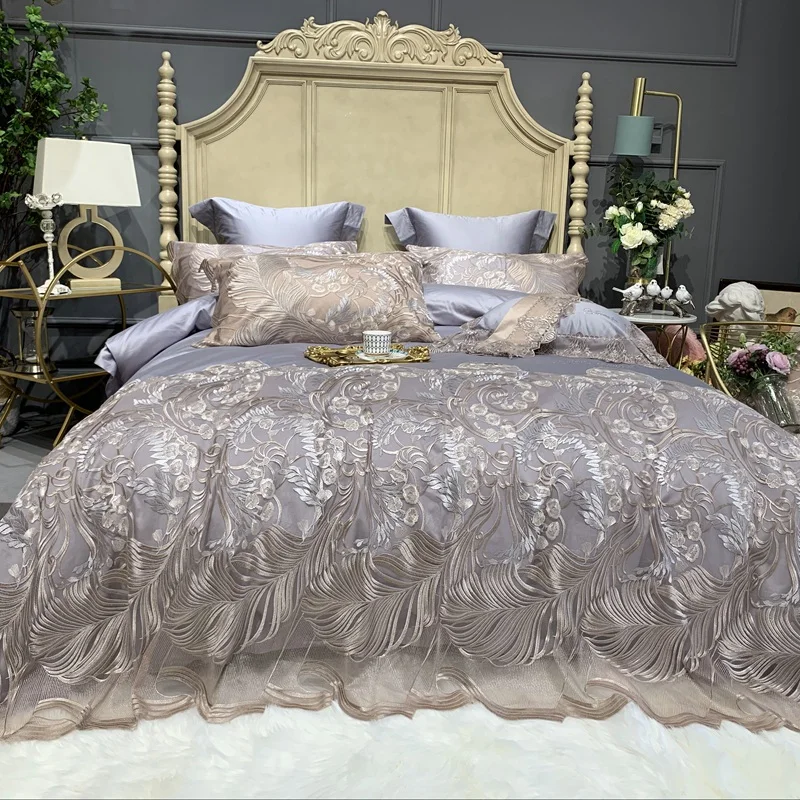 Серый хаки синий класса люкс 100 Египетский хлопковый, кружевной, с вышивкой дворец Постельное белье Одеяло, покрывало на кровать, льняное постельное белье Наволочка 4/7 шт