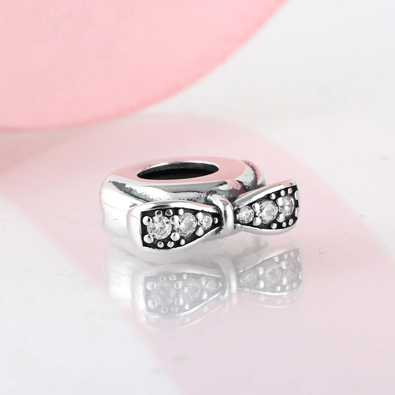 New 925 Sterling Silver charming crystal CZ bow Spacer beads womens accessories Fit Original Pandora Charm Bracelet Jewelry
