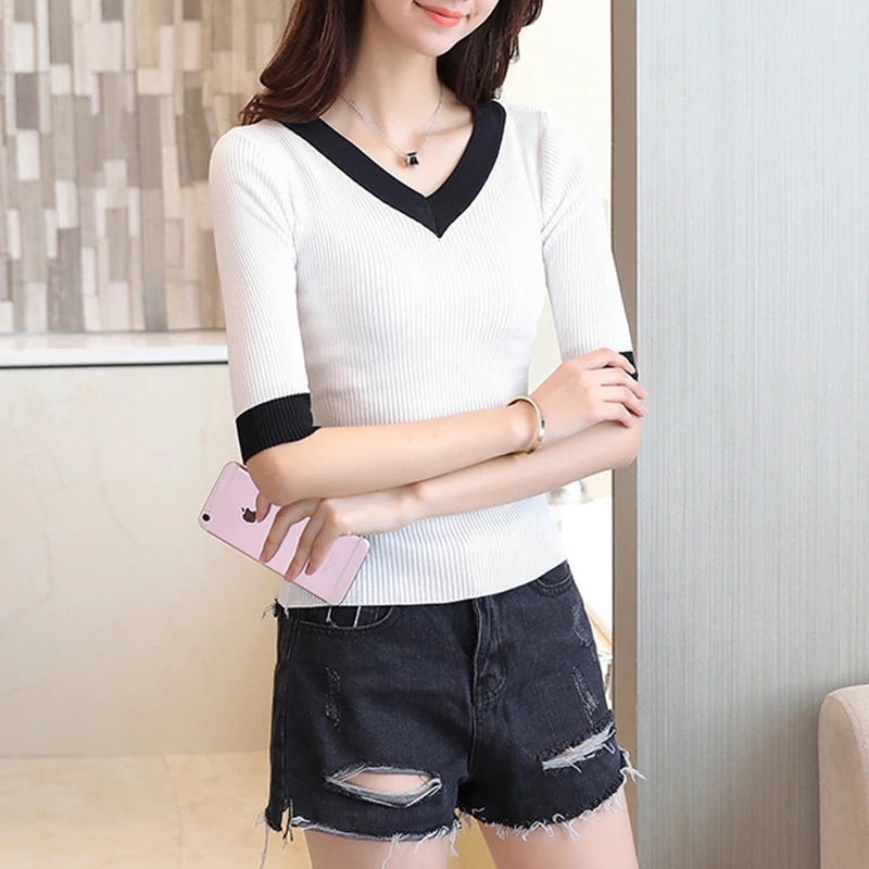 2022 Spring Summer Women Clothes knitting Sweaters Pullpvers Undershirts Woman's thin tight slim Sexy Simple Bottoming shirt | Женская
