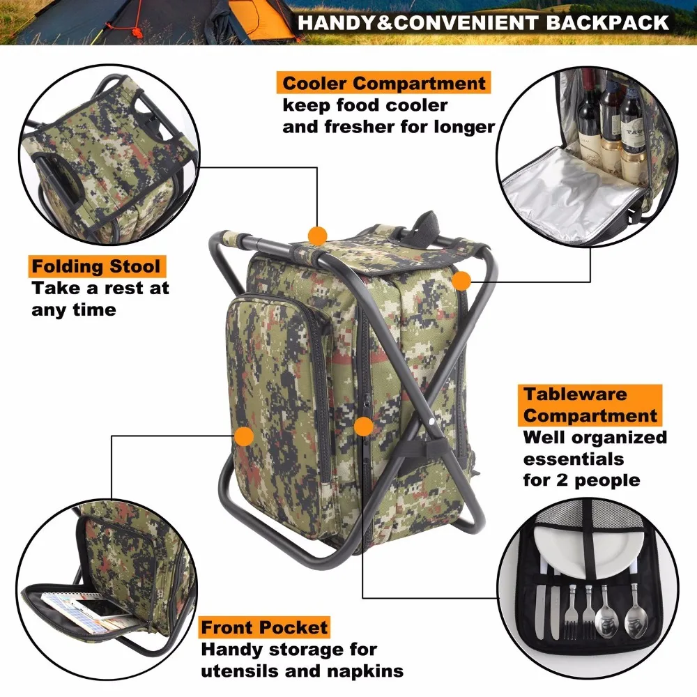 Heavy Duty Picnic Backpack Stool with Cooler &amp Tableware - All-in-1 Folding Chair Insulated Bag for 2 Person | Дом и сад