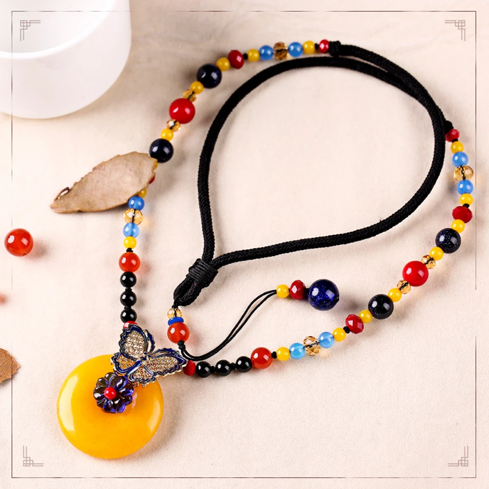 

Ethnic Handmade Pendant Necklace Red Black Stone Beads Yellow Round J ade Colored Glass Petal Copper Alloy butterfly CL-17065