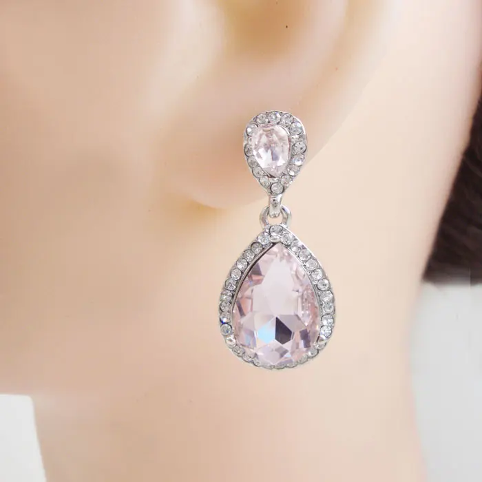 

Silver Color Pink Austrian Crystal Bride Bridesmaid Teardrop Woman Earrings