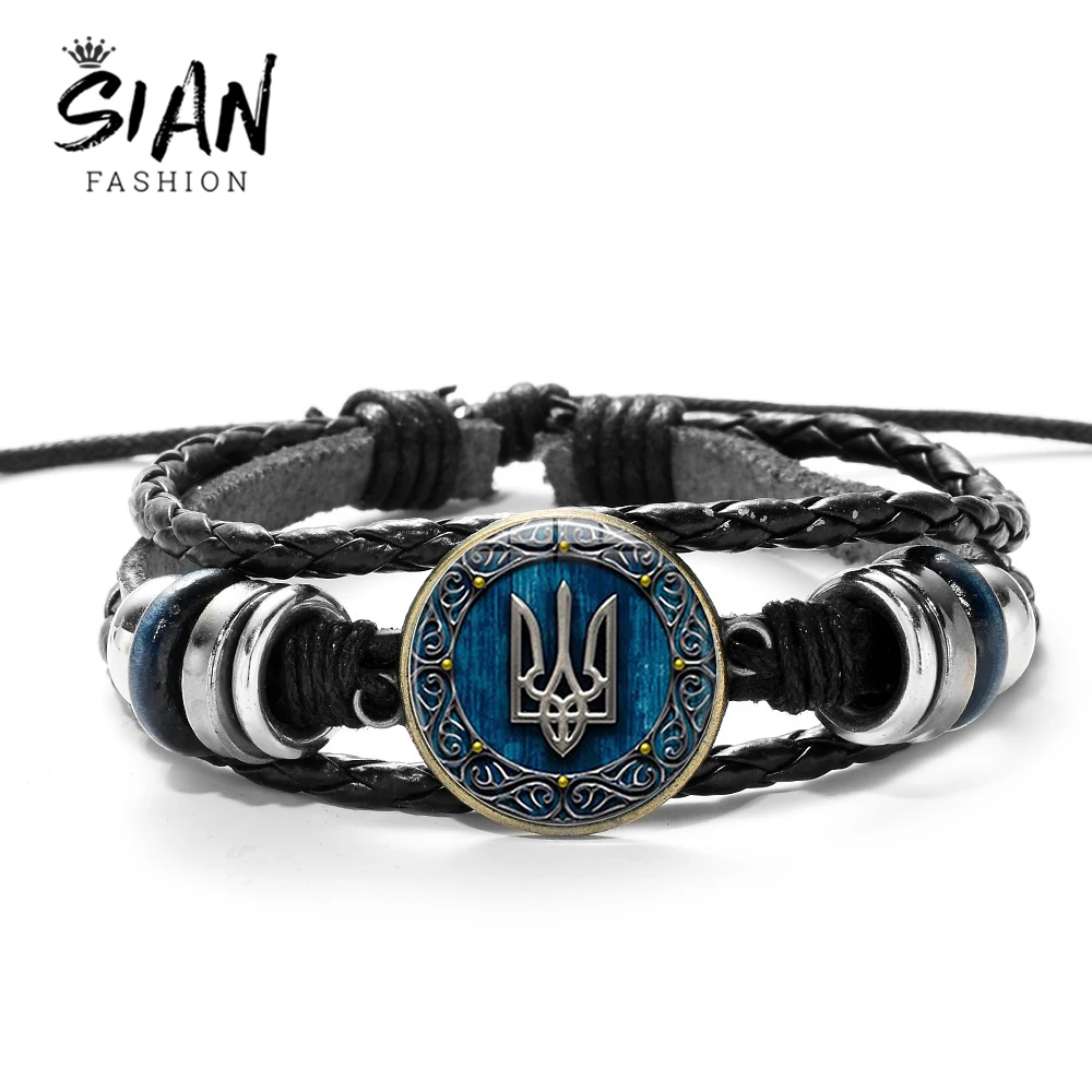 

SIAN Vintage Tryzub Ukraine Glass Gem Charm Bracelet Multi-Layer Braided Handmade Punk Black Leather Bracelet Men Women Pulseras